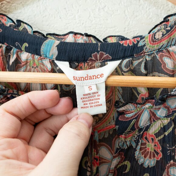 Sundance Silk Peasant Blouse Womens Small Floral Tassel Tie Sheer Boho Top - Picture 2 of 13